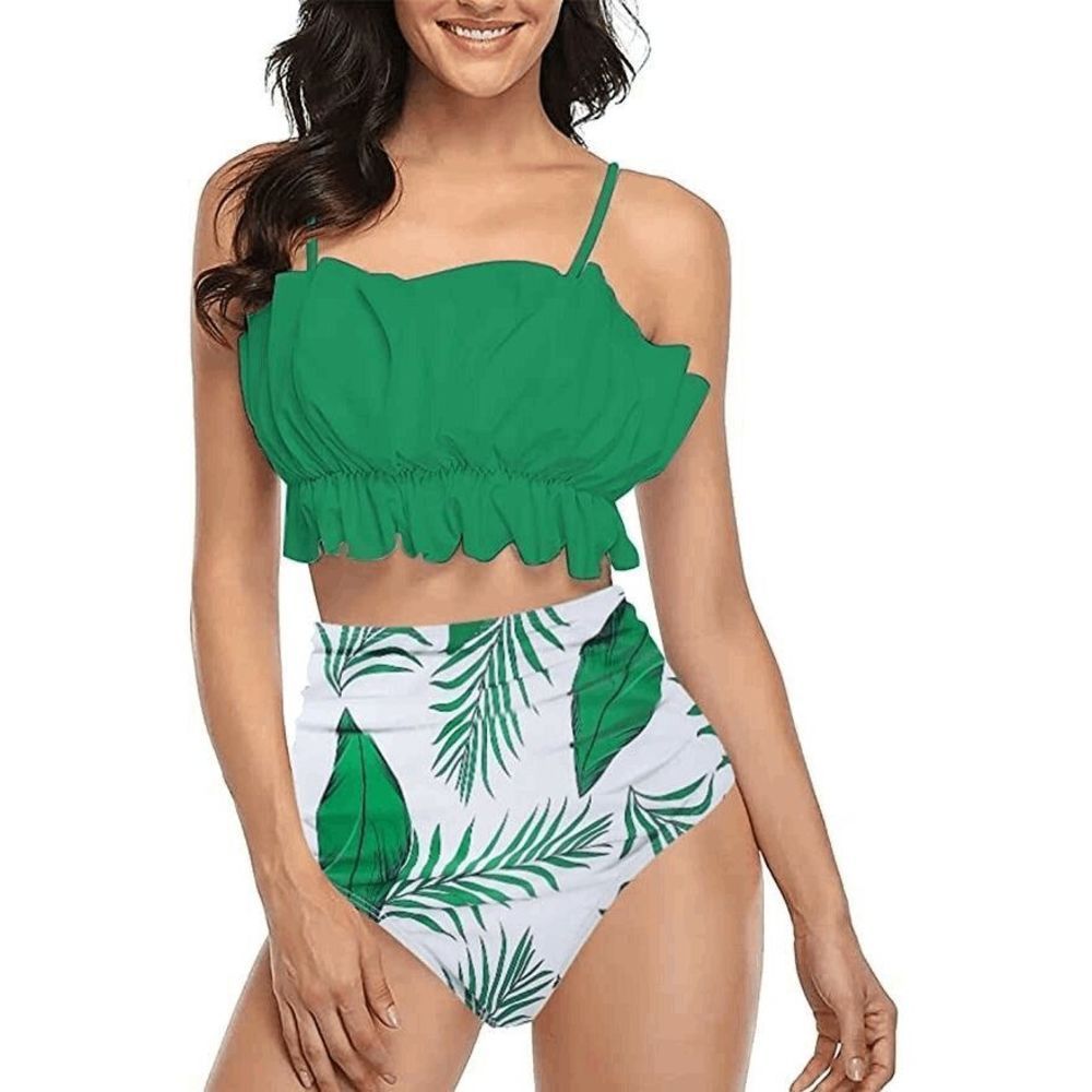 FIRPEARL Women's High Waisted Ruffle 2-Piece Bikini Green Floral Size Medium/6-8
